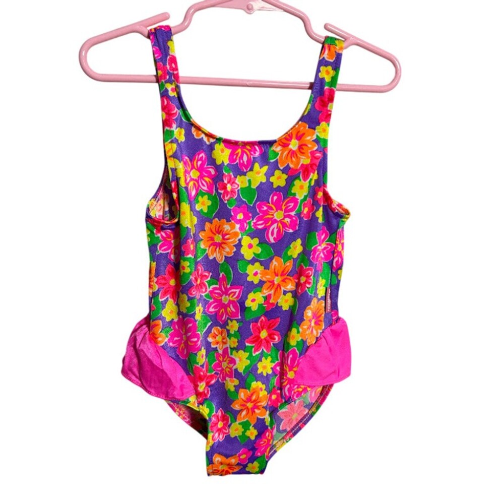 VTG 90s Oshkosh Bgosh Swimsuit 3T/4T Neon Floral Ruffles One Piece Swim
